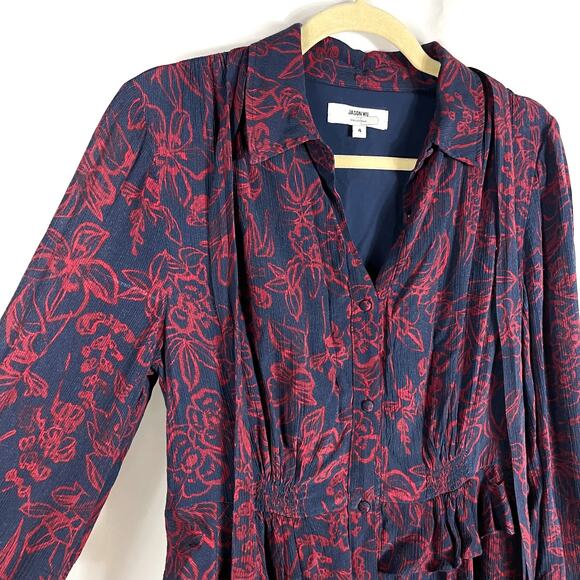 Jason Wu Print Midi Shirt Dress Blue Red Tie Neck Button Front Long Sleeve Sz 4 - Picture 5 of 13